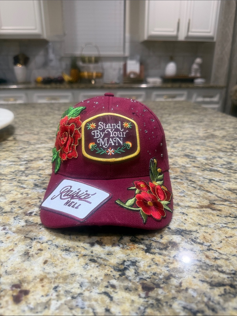Embroidered Burgundy Floral Baseball Cap - Stand By Your Man